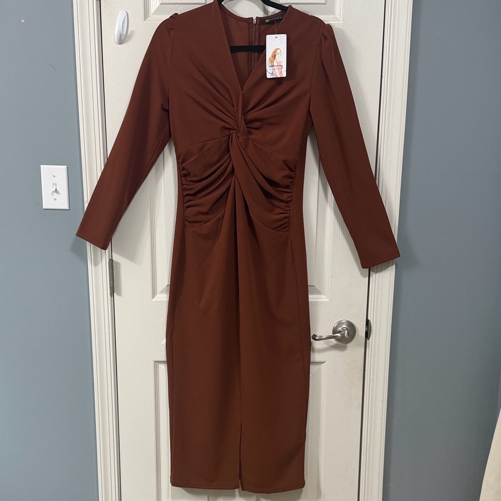 New PrettyGarden Long Sleeve Brown Dress Elegant Wear Career Office Wear Luxury - Picture 15 of 15